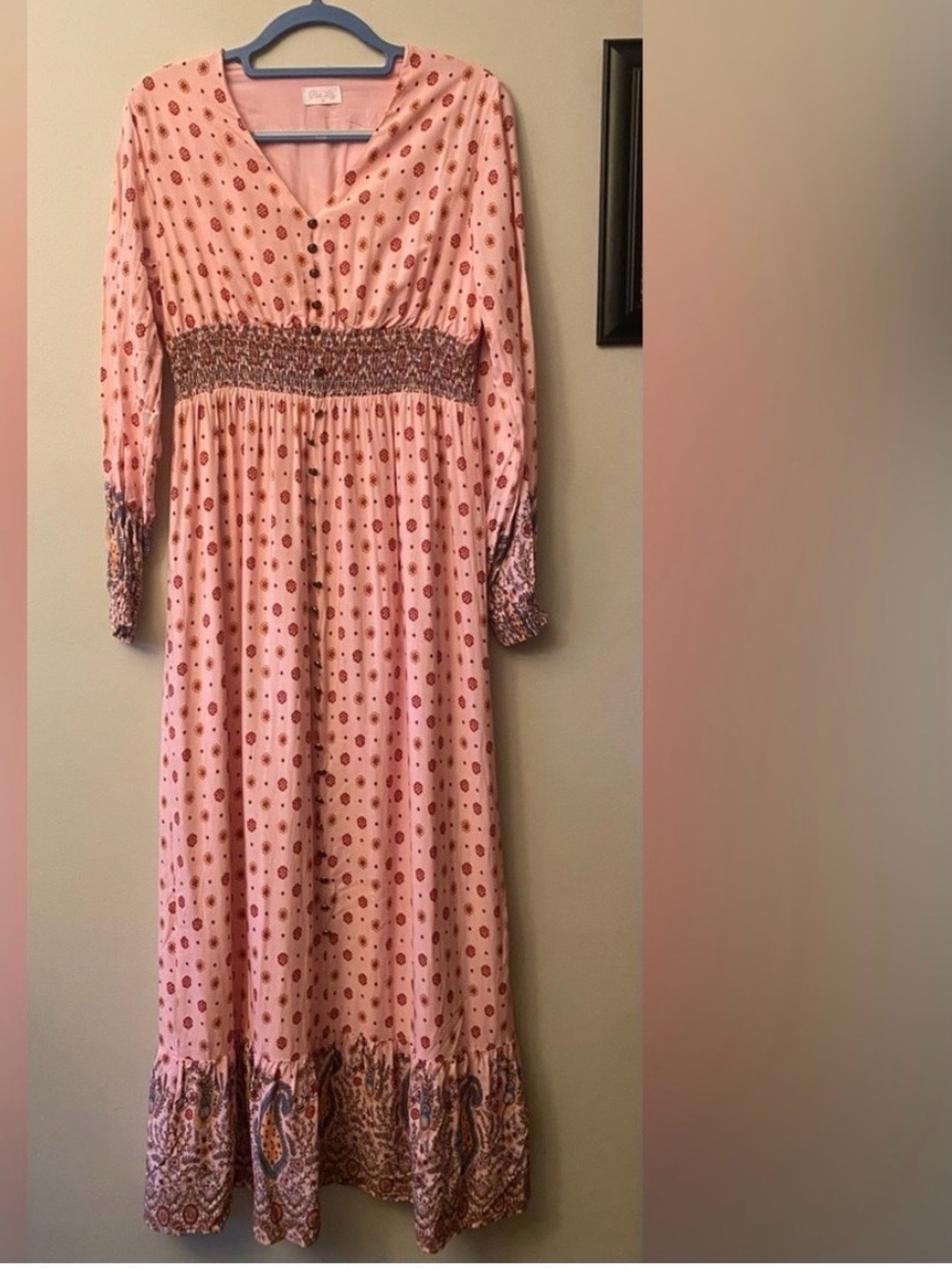 Pink Lily Pink Multi-colored Paisley Boho Long Sleeve Maxi Dress